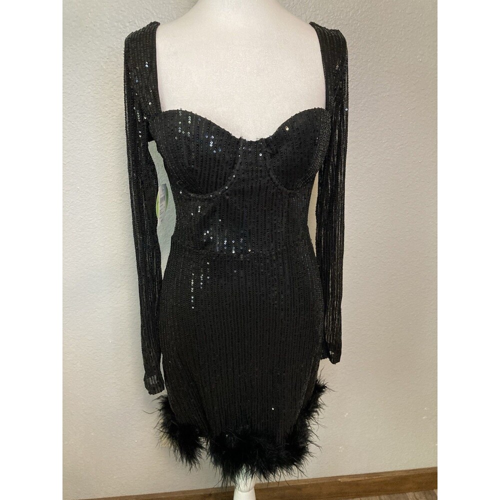 Windsor Formal Cocktail Mini Dress Womens L Black Sequin Fur Penny Lane Prom